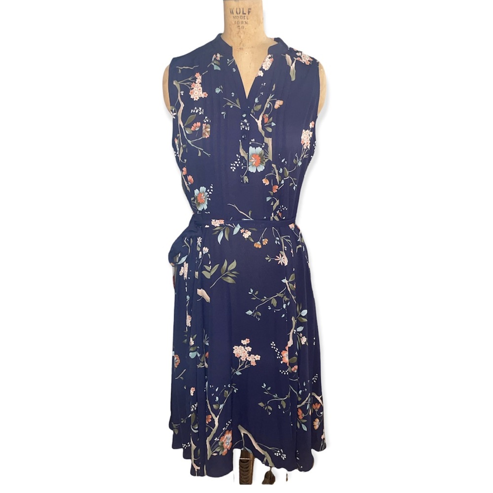 Nanette by Nanette Laporte Navy Floral Belted Sleeveless Shift MIDI Dress 10